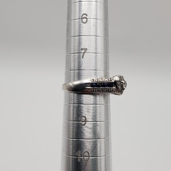 Platinum over Sterling Silver Diamond and Blue Sapphire Heart Ring Size 8 - Picture 10 of 11